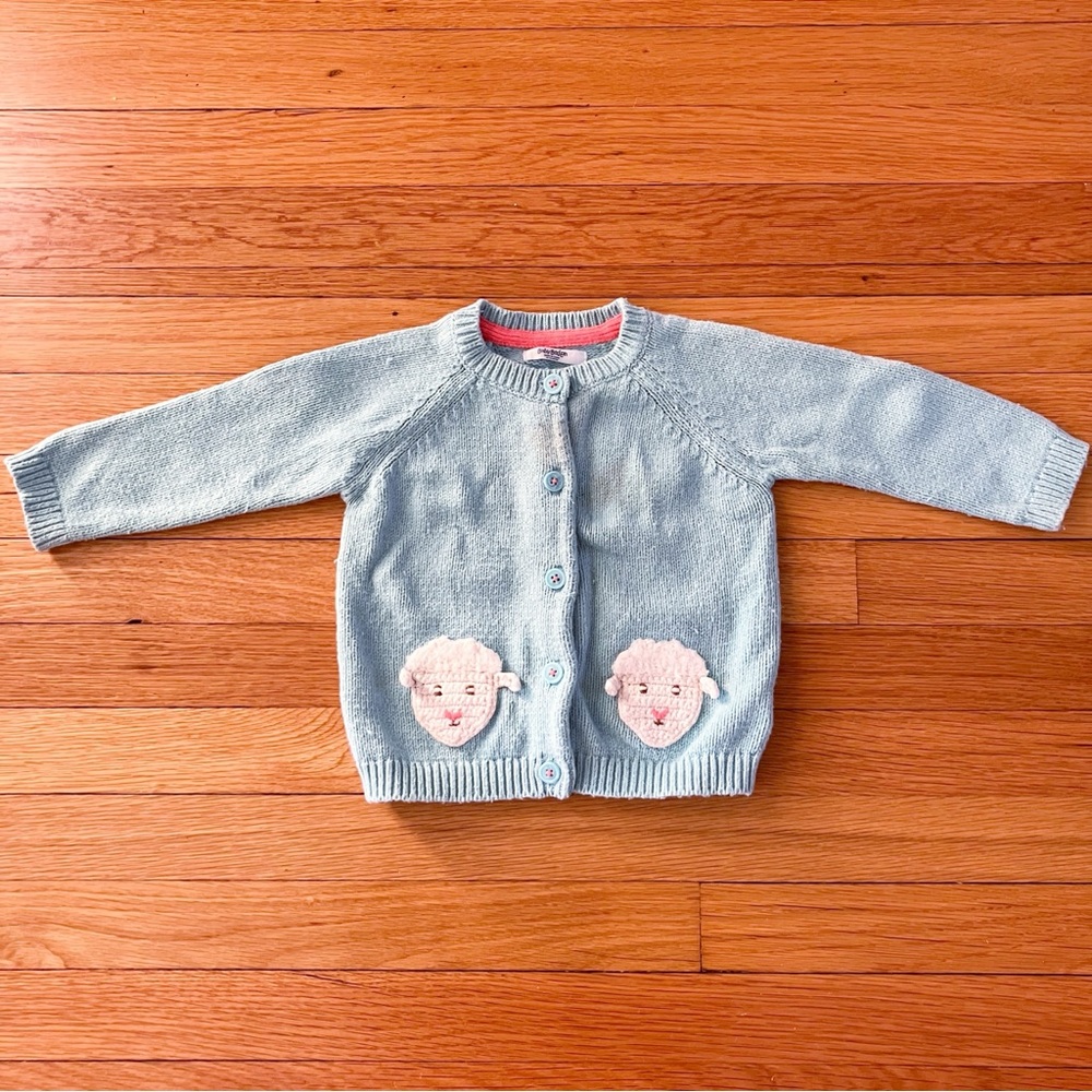 Baby Boden Turquoise Farm Barn Animal Lamb Cardigan Sweater 12-18m